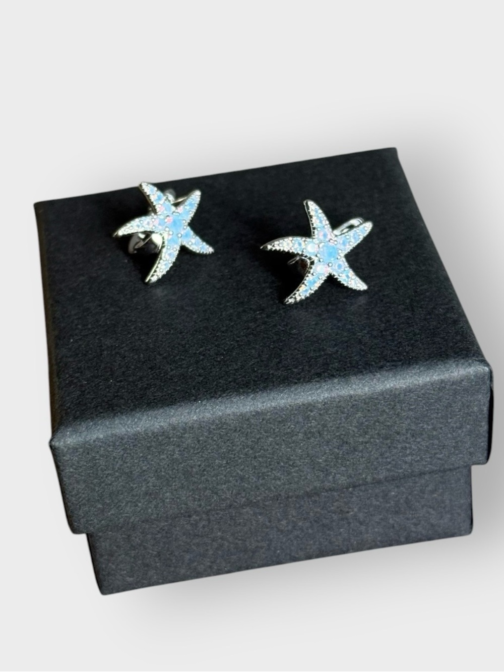 Sterling Silver Starfish Hoop Earrings with Blue Opal Accents